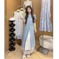 格纹长款设计感度假风短袖衬衫女夏季新款宽松休闲时尚套装7115