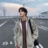 早秋美式复古条纹毛呢拉链开衫卫衣男女秋冬季宽松百搭情侣外套