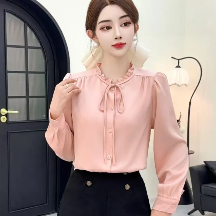 秋季上新木耳边系带领优雅气质女人味气质显瘦设计感长袖衬衫