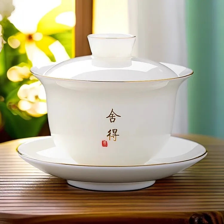 羊脂玉瓷描金盖碗悬停手工高档简约陶瓷中式细腻白瓷带盖茶道轻奢