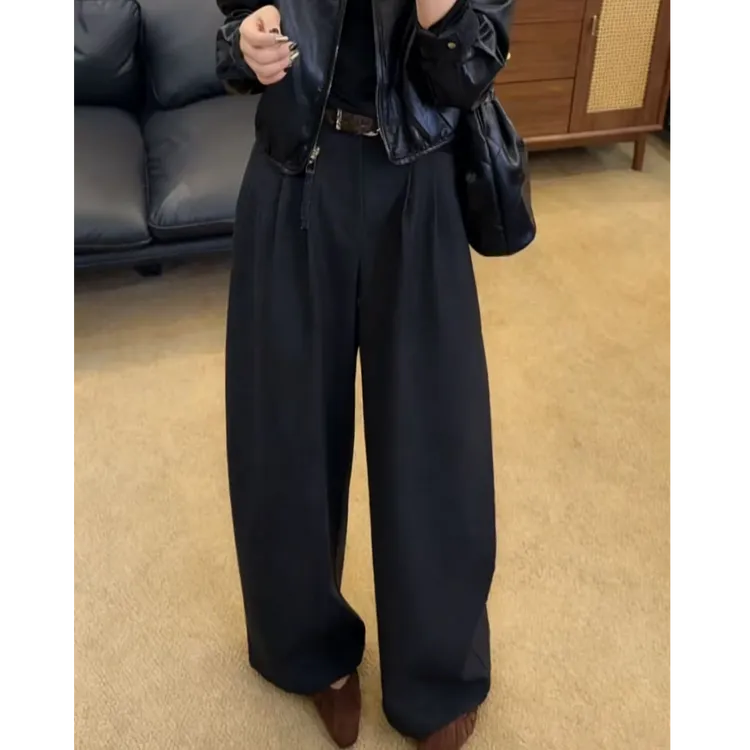 韩系秋冬季百搭毛呢直筒裤2025新款女宽松显瘦休闲裤女77【赠腰带】