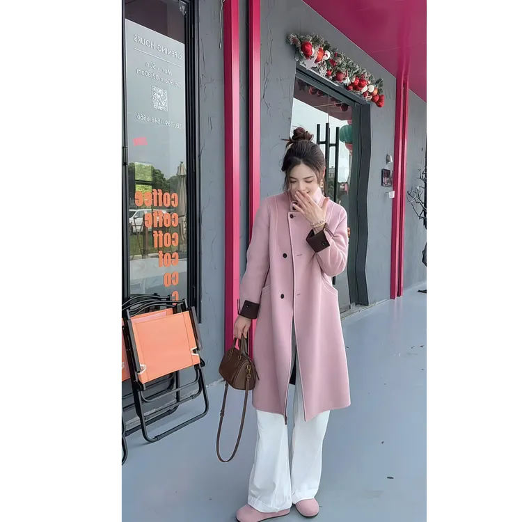 【山羊绒+天丝】①快衣布小个子气质百搭显瘦立领双色羊绒大衣8802