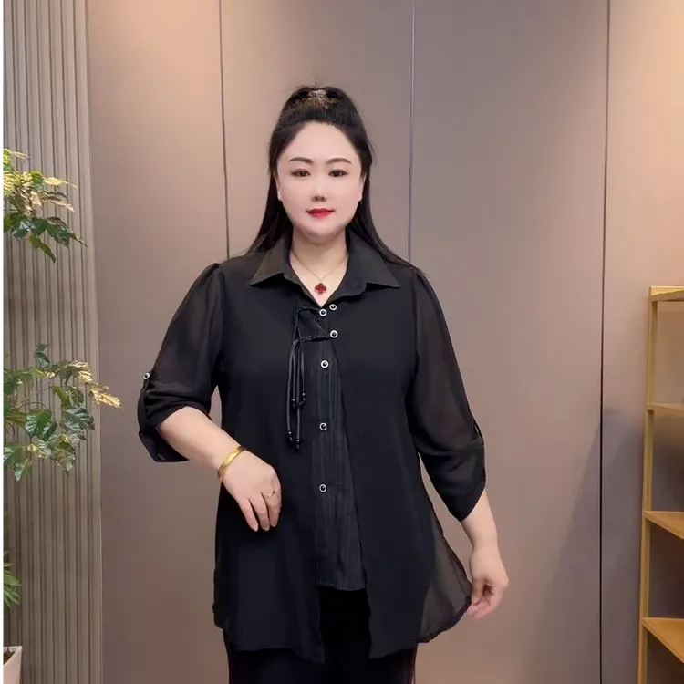 2025春季新款时尚洋气翻领拼接假两件衬衫百搭上衣