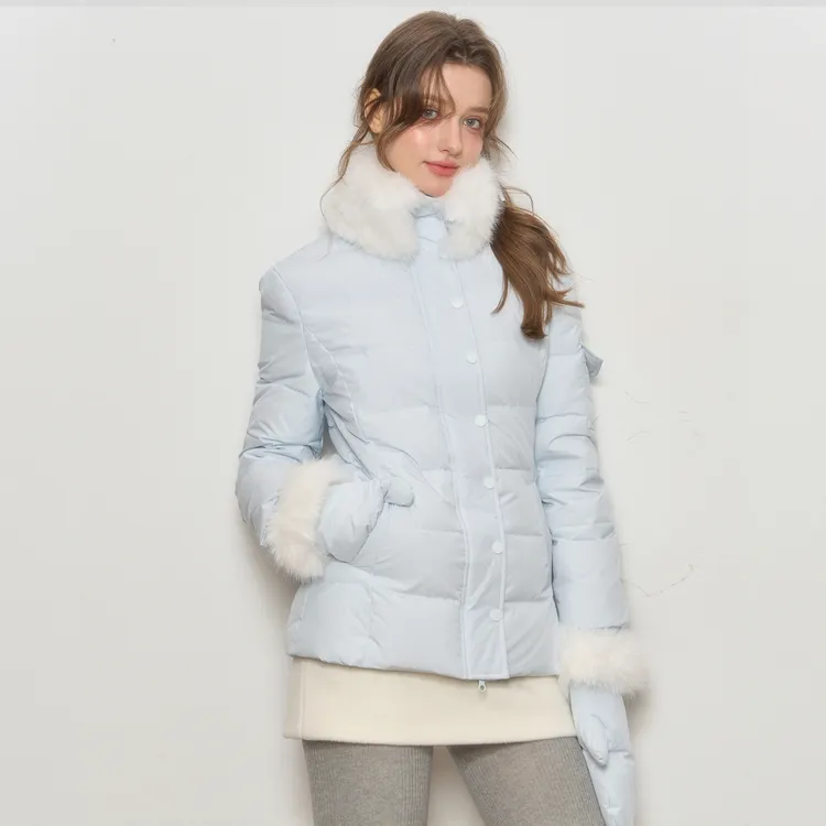 A1DS WPKD1高级感白鸭绒小个子毛领收腰显瘦短款蓝色排骨羽绒服冬