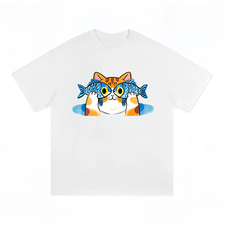 猫咪纯棉ins白色圆领短袖春夏宽松趣味夏季卡通T恤上衣印花常规款