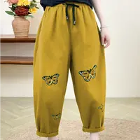 新款夏款宽松哈伦裤斜纹棉女士休闲裤刺绣蝴蝶女裤17092