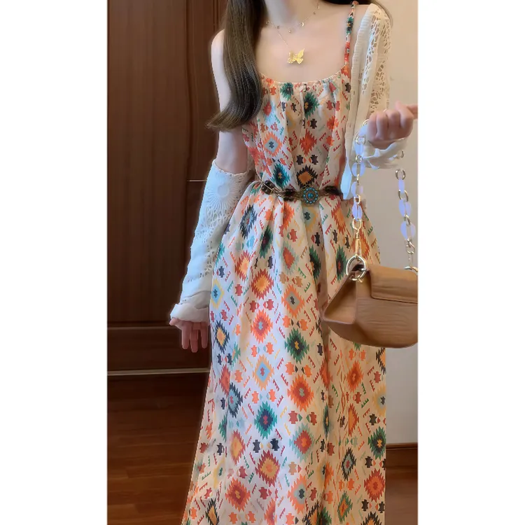 民族风复古印花吊带连衣裙新疆西藏云南海边旅游度假风长裙9680