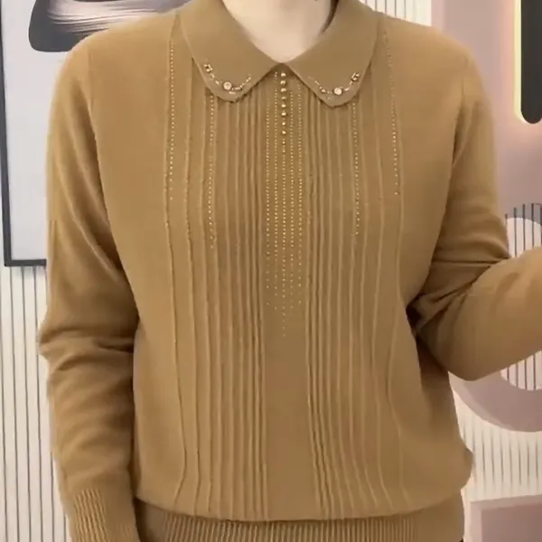 春秋款时尚女装针织打底衫百搭镶钻2025新款翻领长袖中老年妈妈装