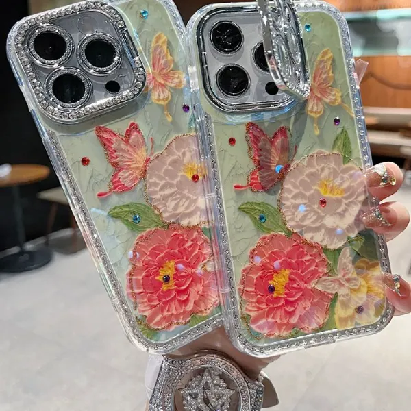 适用苹果系列iPhone16新款手机壳优雅棠花蝴蝶全包镜头膜钻框支架