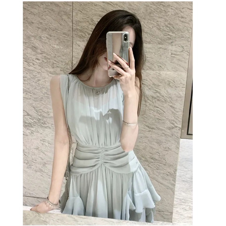 高智韩女 无袖背心连衣裙女夏季高级感气质名媛千金雪纺裙子