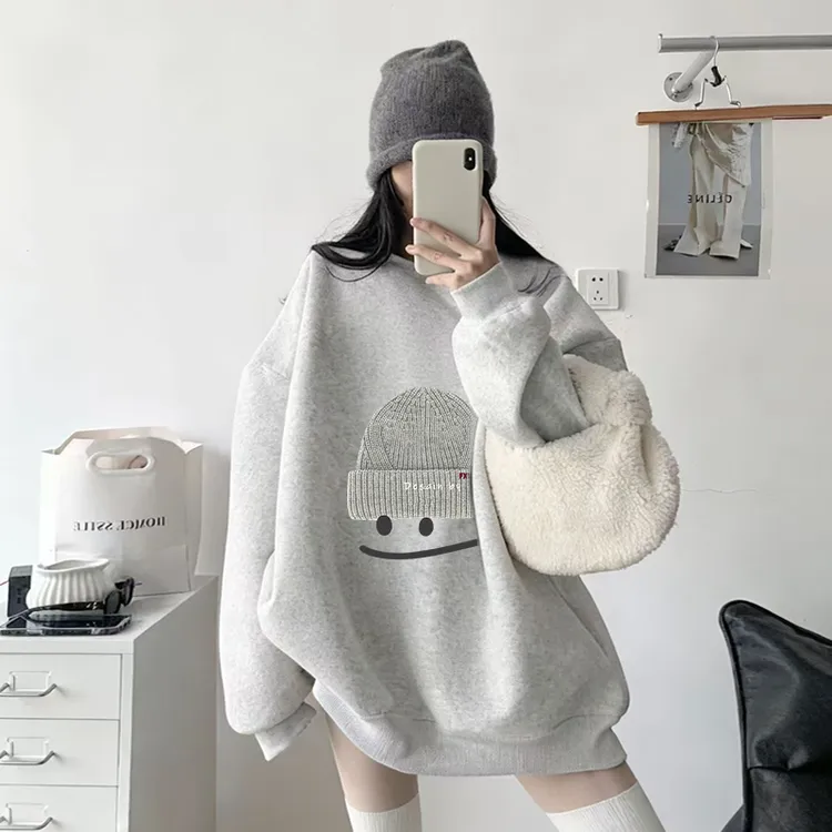 白灰色圆领卫衣女2025新款爆款时尚洋气宽松慵懒秋冬加绒加厚外套