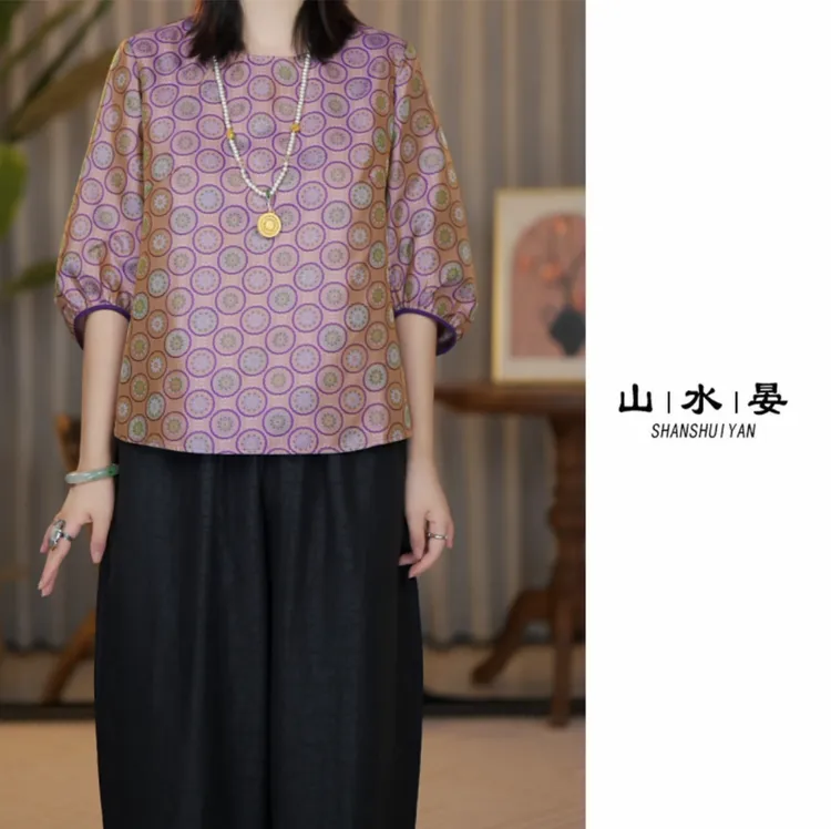 2025新款蜀锦重磅桑蚕丝上衣套头洋气时尚休闲夏季中袖圆领UNX865