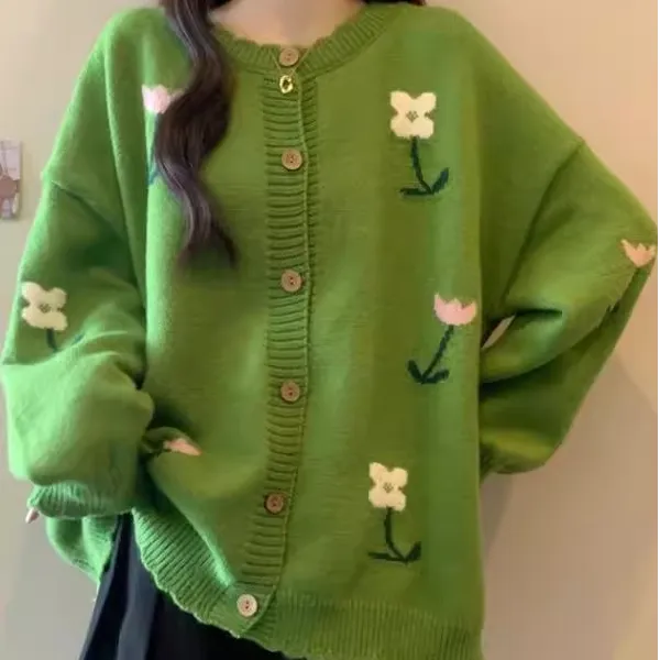 绿色针织开衫花朵毛衣外套女2025秋季新款大码胖mm中长款减龄上衣