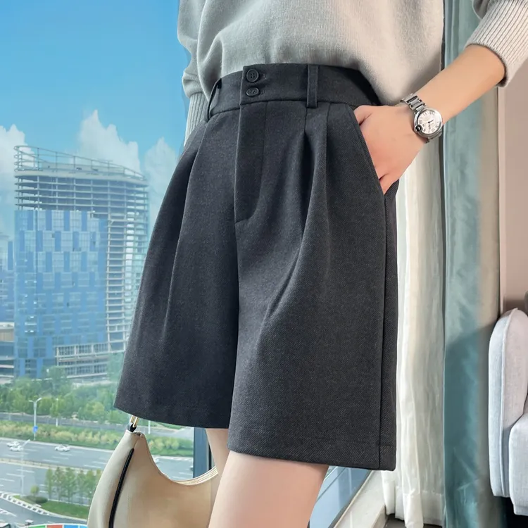 灰色毛呢西装短裤女2025新款秋冬小个子高腰a字休闲五分阔腿中裤
