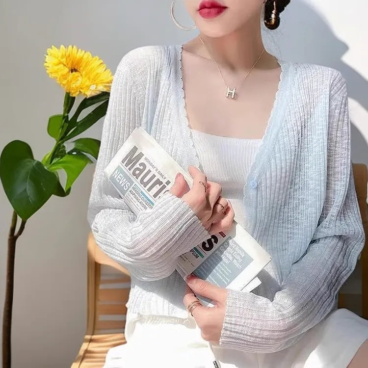 2025夏季薄款V领纯色露脐外披上衣女短款针织冰丝防晒外搭开衫女