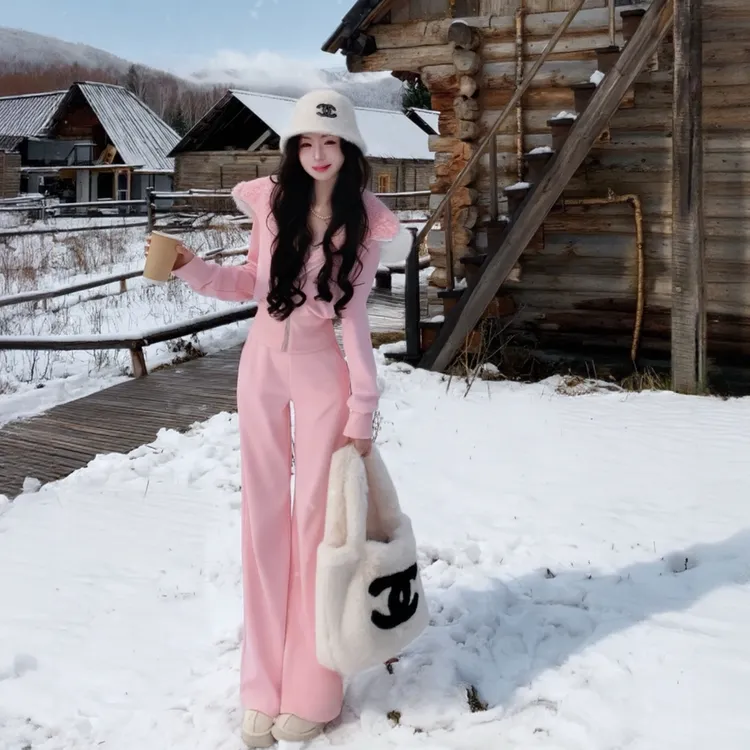 法式纯欲风时尚洋气套装女冬季新款保暖毛领连帽外套长裤两件套潮