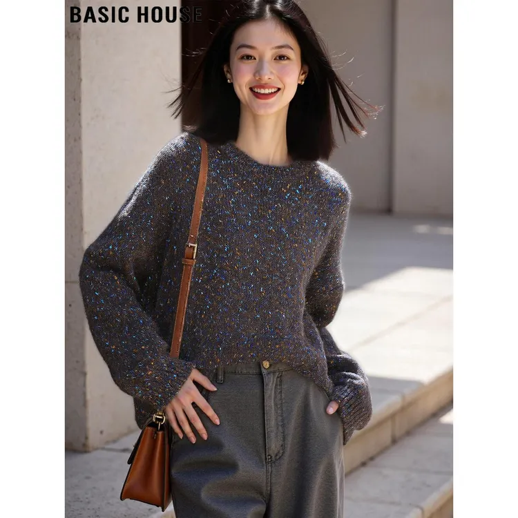 Basic House/百家好复古咖色含羊毛圆领加厚毛衣女2025秋冬针织衫