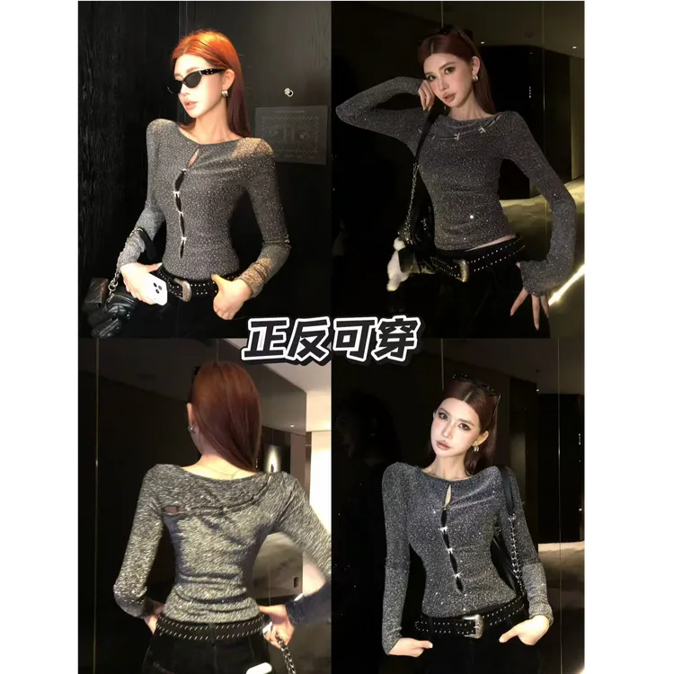 婉君【跨年战衣】"前后两穿"烫钻柔软金银丝氛围感上衣LWJ25D4T4273