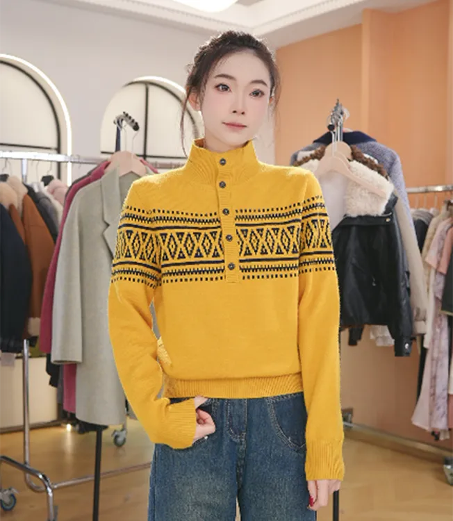 韩系费尔岛提花半高领针织衫女2025秋冬新款高级感时尚气质上衣潮