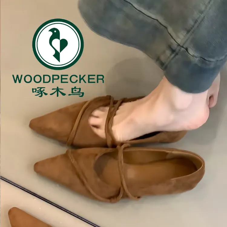 啄木鸟2025夏季新款绒面尖头玛丽珍单鞋女夏外穿复古百搭细带单鞋