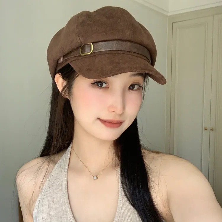 秋冬新款麂皮绒复古百搭贝雷帽女韩系气质时尚显脸小八角帽ins