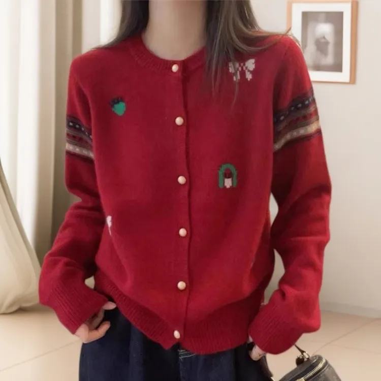 羊毛衫女款爆款2025新款红色毛衣小香风秋冬外穿开衫提花圣诞上衣