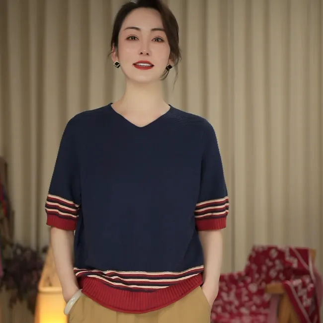 秋季五分袖小V领拼色条纹针织衫宽松百搭上衣