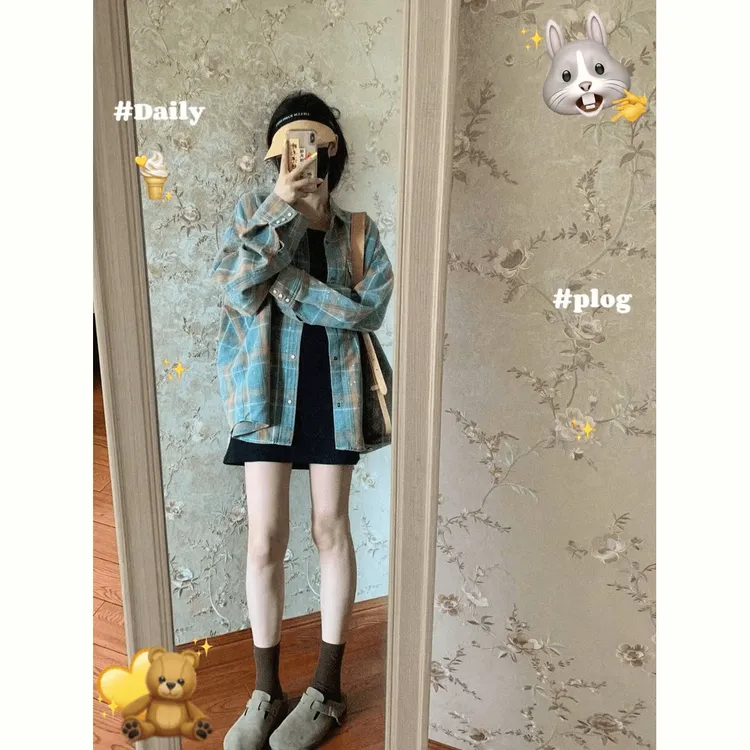 【浆果花园】时尚韩系格子衬衫外套开衫黑色修身显瘦连衣裙套装