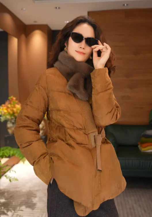 JIUER提花羽绒服外套欧洲站小众轻奢V领系带复古 休闲纯色22836