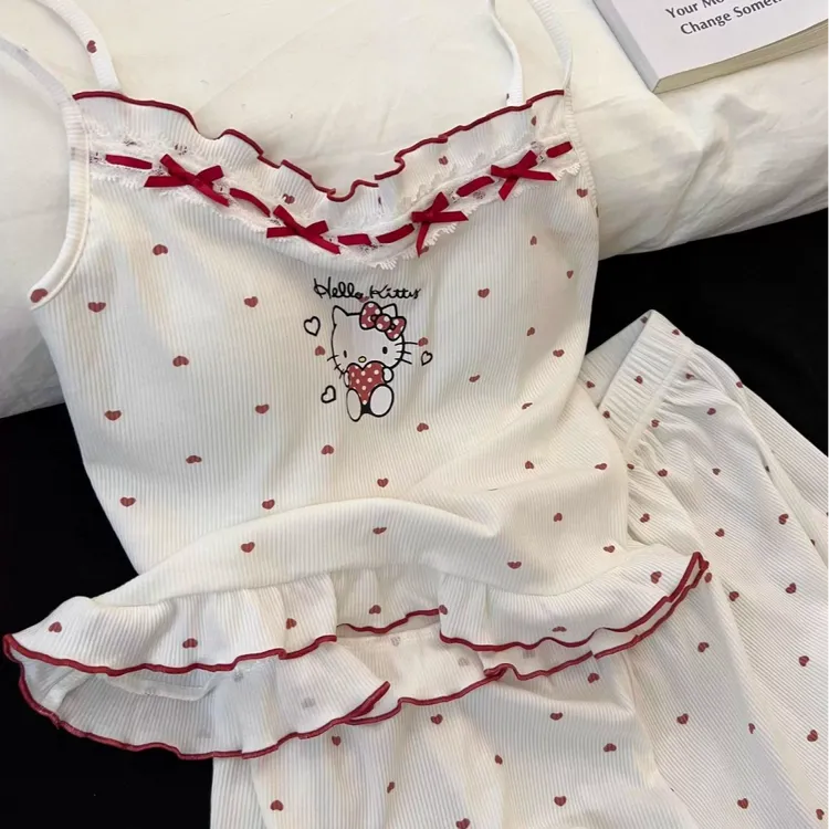 可爱少女Kitty猫吊带睡衣女带胸垫夏季新款韩版学生家居服套装