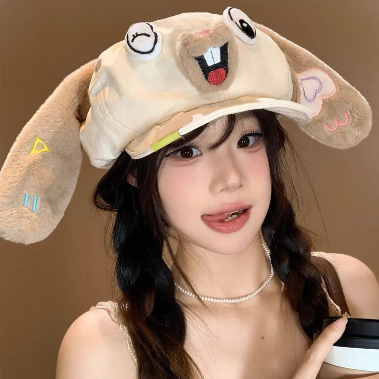 可爱卡通垂耳兔贝雷帽女2025新款显脸小云朵画家帽大头围八角帽子
