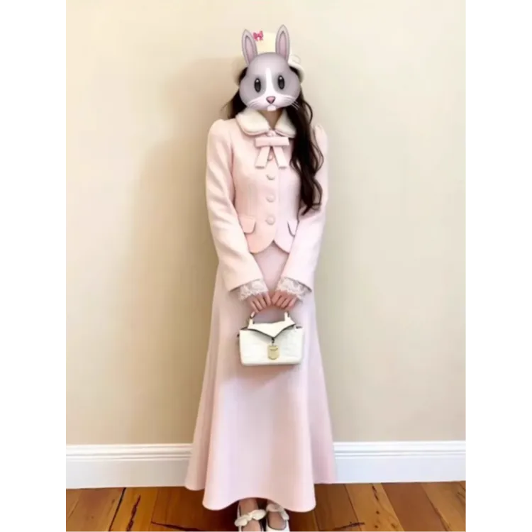 【小美】大码女装富家千金粉色小香风收腰毛呢外套半身裙套装13500