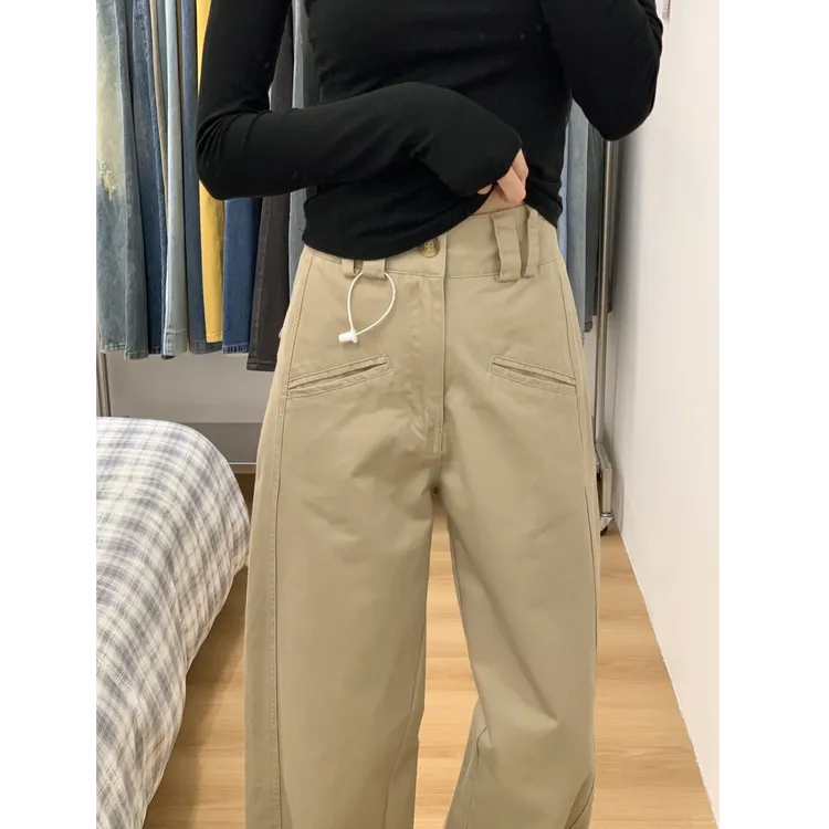 摩卡色阔腿工装裤女春秋新款韩版设计感高腰宽松显瘦直筒休闲裤子