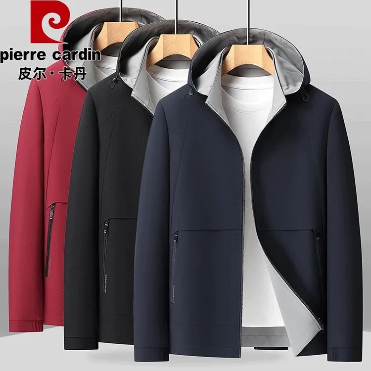 皮尔卡丹新款男士秋季夹克外套可拆卸帽双面穿商务休闲爸爸装茄克