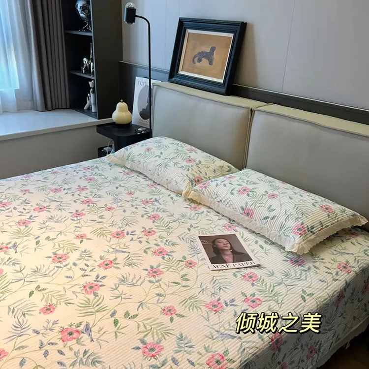 四季款全棉花边床盖三件套加厚夹棉绗缝防滑榻榻米床单亲肤可机洗