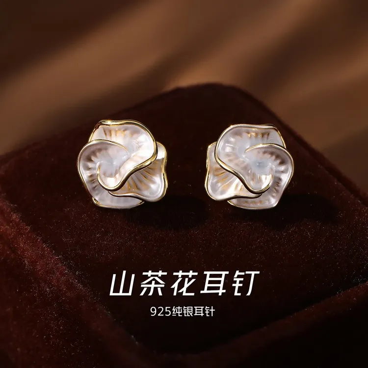 925银针耳饰 法式复古气质山茶花耳钉轻奢时尚百搭小众简约