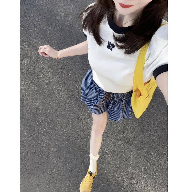 短袖套装夏季假两件洋气时尚休闲撞色宽松时髦韩版时尚套装女装
