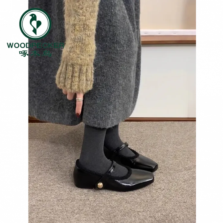 啄木鸟法式晚晚单鞋女冬季内增高复古方头浅口玛丽珍鞋保暖毛毛鞋