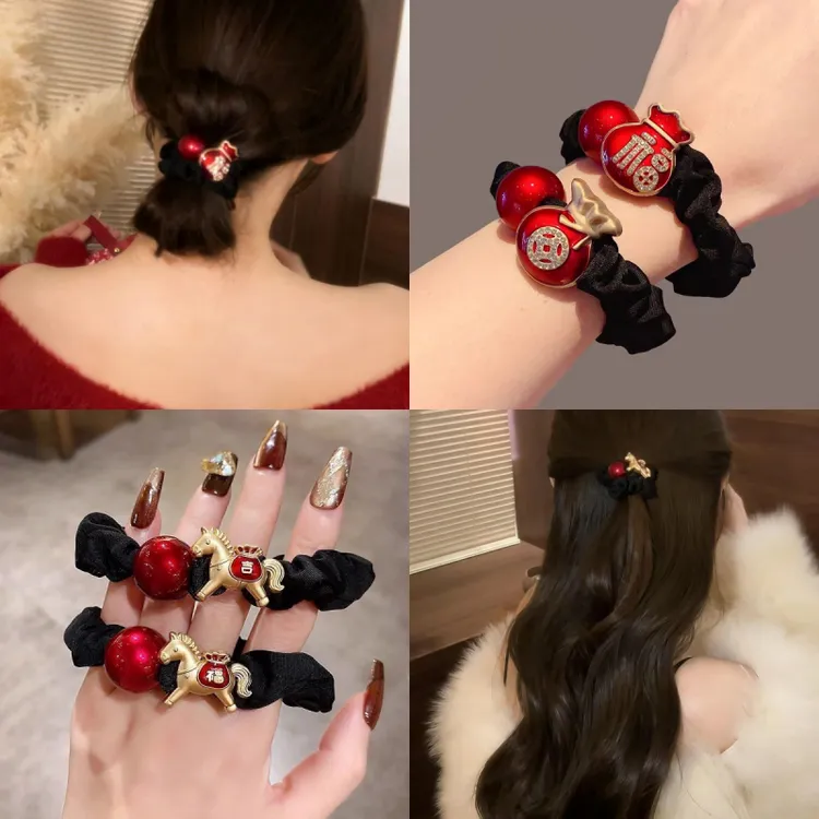 新年喜庆马年红豆小肠发圈本命年红色头绳扎头发马尾皮筋发绳头饰