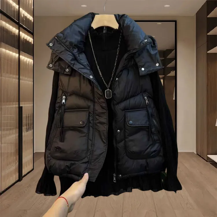 2025冬季新款连帽大口袋马夹女宽松遮肉显瘦棉服外套潮