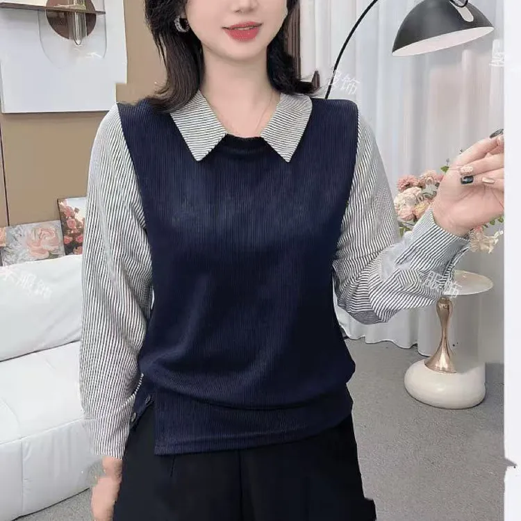 秋季韩系翻领假两件长袖女装套头衬衣袖拼接设计显瘦上衣