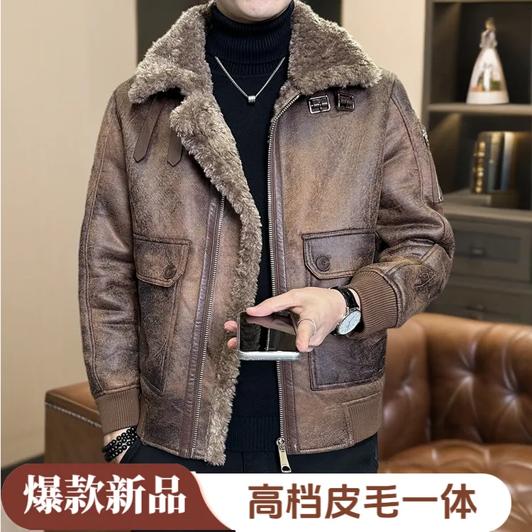 爆款冬季男士加绒加厚高端鹿皮绒外套时尚机车夹克棉衣冬装厚衣服