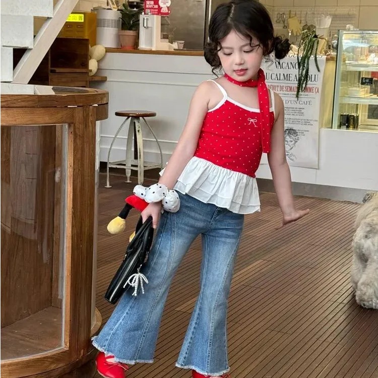 《小思家》女童2025夏季新款韩版度假荷叶边红色吊带喇叭牛仔裤套装