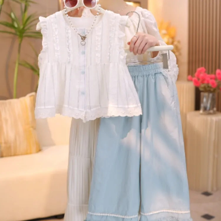 女童早夏套装2025新款韩版甜美洋气木耳边气质上衣+休闲裤套装