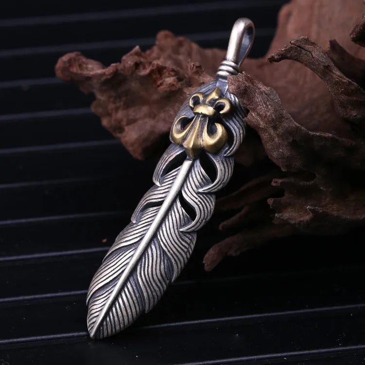 吊坠925银 银羽毛男士情侣项链素银挂坠时尚朋克手工银饰品做旧潮
