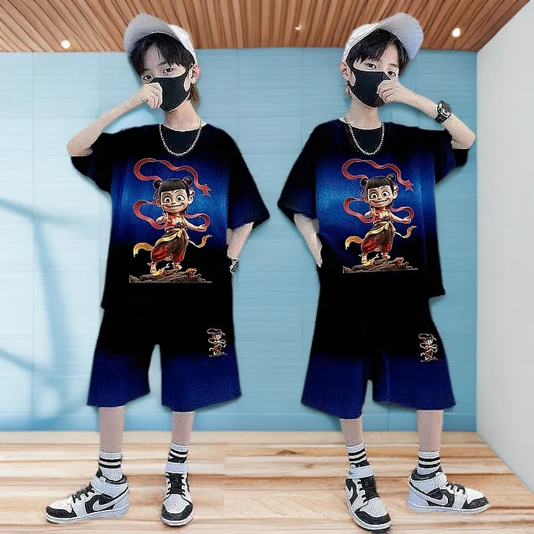 夏季卡通男童夏装2025新款童装套装哪吒短袖T恤酷帅中大童两件套