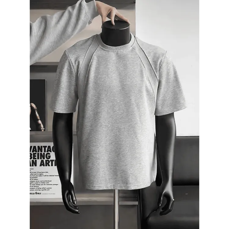 300g正肩灰色太空棉空气层拼接短袖T恤男抗皱硬挺短款boxy版夏季