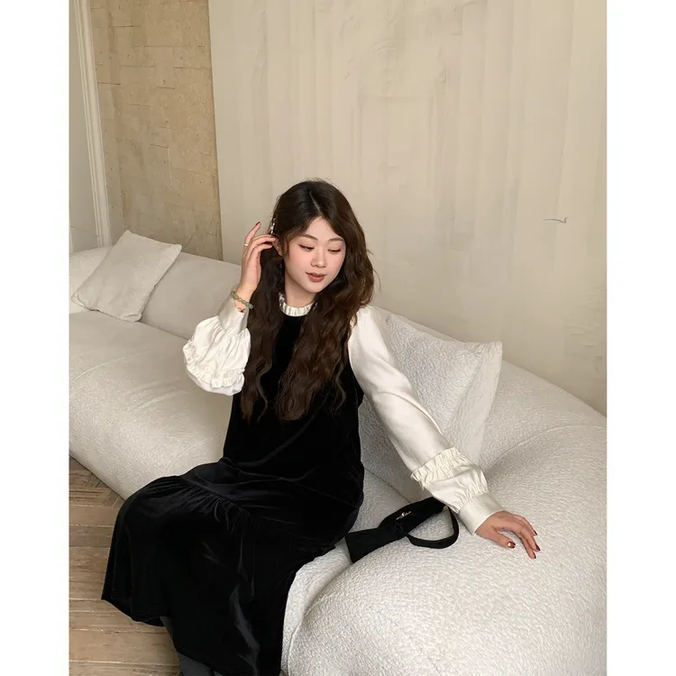 裂渡宣宣【南法庄园】丝绒假两件长裙女冬显瘦长短款连衣裙ZY511A32