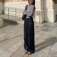 9885复古秋日黑金色高腰牛仔直筒阔腿裤