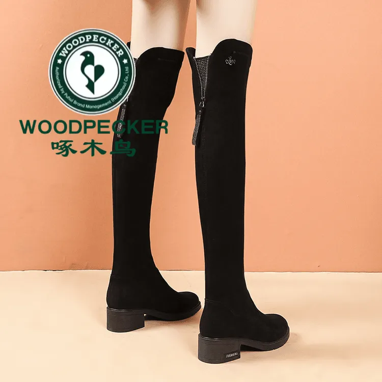 啄木鸟过膝长靴女2024冬时尚新款瘦瘦靴粗跟绒面弹力靴瘦腿长筒靴